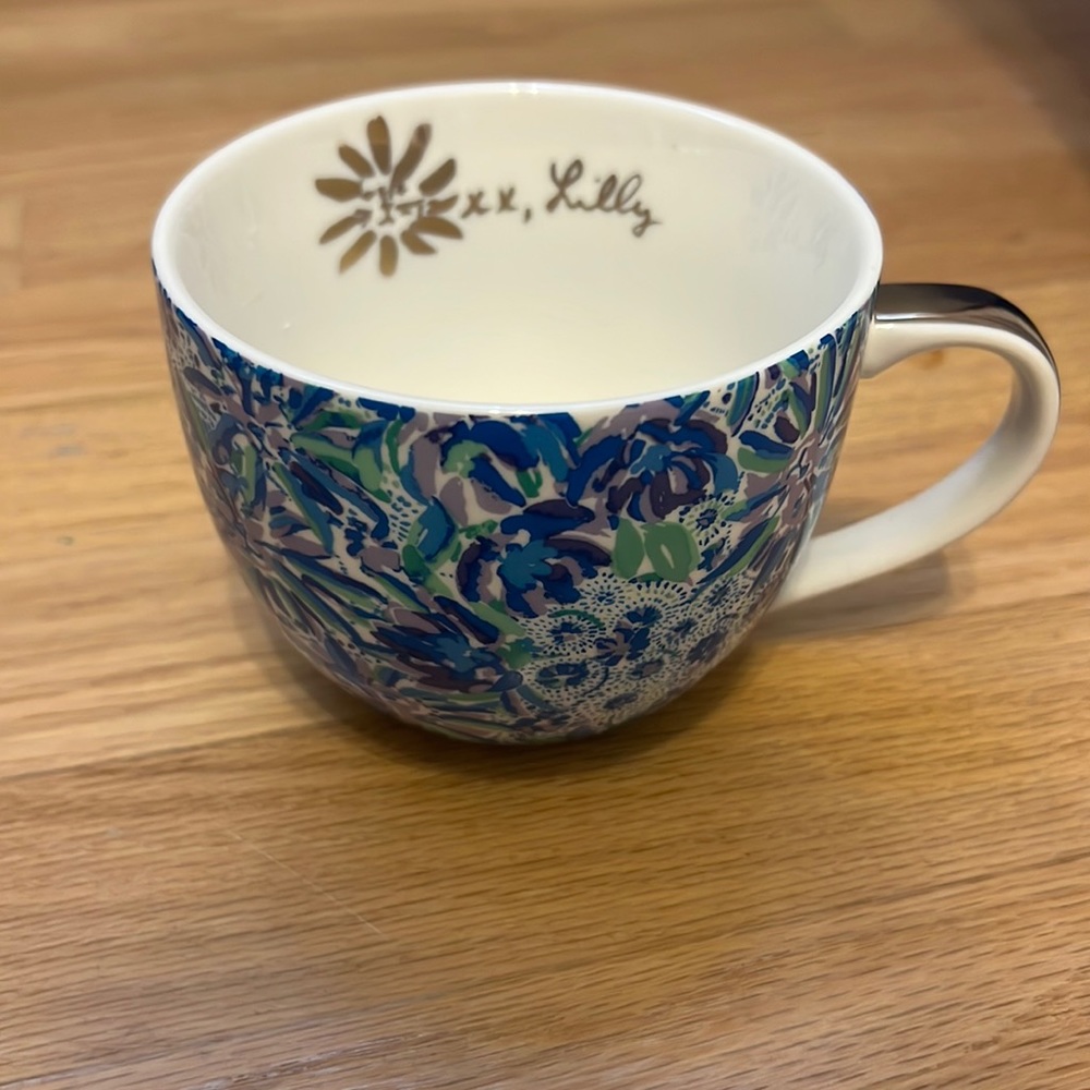 Lilly Pulitzer Mug, Blue Green Purple Floral, Gold Trim, Large Tea Cup NWOT